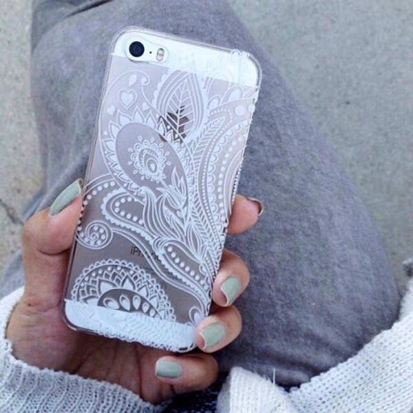 Apple Iphone Clear Hard Case 4, 4s 5 5s 5c 6 6 Plus Henna Paisley Floral White Lace Print Cover